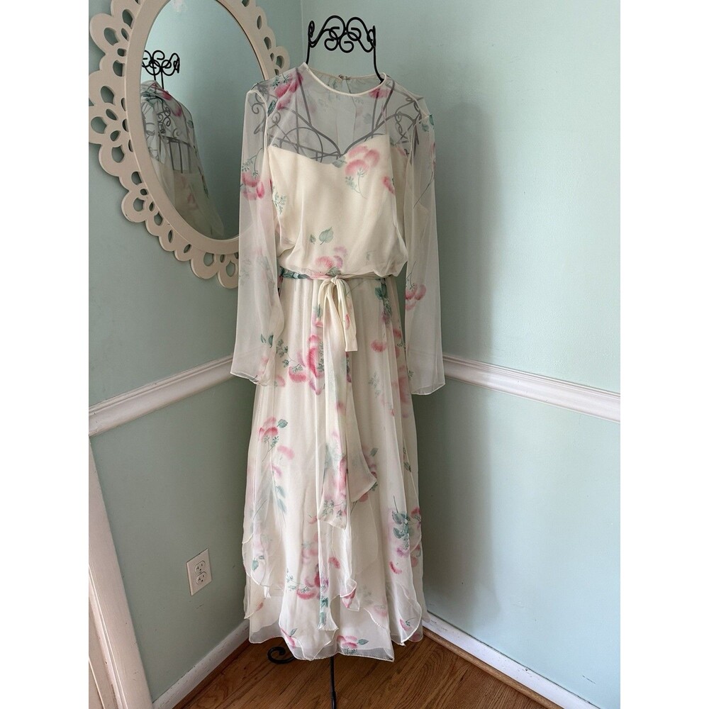 Vtg Miss Elliette Dress‎ 10 70s Gown Evening A Line Chiffon Party Floral Flirty